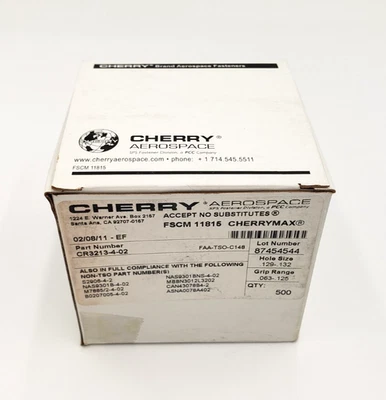 Nueva Caja de 500 Sujetadores Remache Ciego Cabeza Universal CherryMAX CR3213-4-02 Sellados Foto 1 de 4