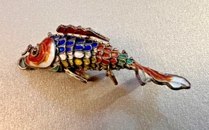 Vtg Cloisonné Rust Blue White Yellow Green Enamel Articulated Koi Fish Pendant - Picture 1 of 8
