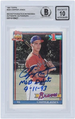 Chipper Jones Braves Signed 1991 Topps #333 BAS 10 Rookie Card w/MLB Debut Insc - Image 1 of 3