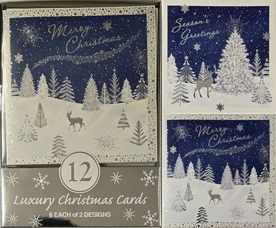 BGC WHOLESALE 12 Pack Box of Luxury Christmas Cards 6 Each of 2 Designs Reindeer Trees Stag