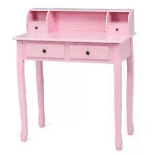 Costway Writing Desk Makeup Vanity Table Home Office Computer Desk 4 Drawer Pink - Picture 1 of 12