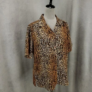 Donnkenny Blouse Womens Large Leopard Cheetah Crinkle Button Up Camp shirt - Picture 1 of 9
