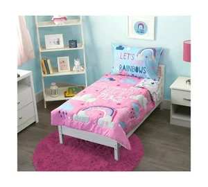 Toddler Bedding Set Quilted Comforter Fitted Top Sheet Pillow Case Rainbow 4Pck - Picture 1 of 7