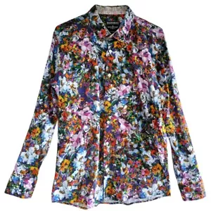 Barabas Mens Size L Button Up Blue Yellow Red Abstract Floral Long Sleeve Shirt - Picture 1 of 9