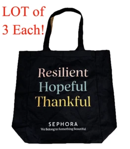 3 SEPHORA Black Tote Bag Resilient Hopeful Thankful Reusable Shopping Canvas NEW - Picture 1 of 6
