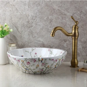 Bathroom Antique Brass Mixer Faucet+Ceramic Basin Glass Vanity Vessel Sink drain - Picture 1 of 12