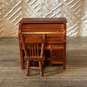 Vtg Dollhouse Miniature Wooden Roll Top Desk and Chair Set Doll House Furniture - Picture 1 of 9