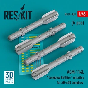 1:48 ResKit RS48-0330 AGM-114L arco largo Hellfire AH-64D impresión 3D de 4 piezas - Imagen 1 de 3