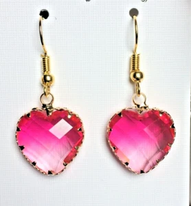 Pink / Clear Heart Shaped Faceted Glass Dangle Drop Hook Earrings. - Picture 1 of 2