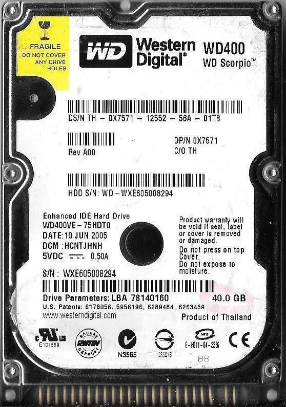 WESTERN DIGITAL WD400VE-75HDT0 40GB IDE HARD DRIVE  DCM: HCNTJHNH - Image 1 of 2