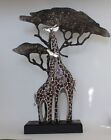 Metal and Resin Giraffes Sculpture African Scene with Wood Base