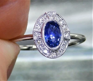 18CT WHITE GOLD 0.59ct SAPPHIRE DIAMOND ART DECO HALO CLUSTER ENGAGEMENT RING - Picture 1 of 7