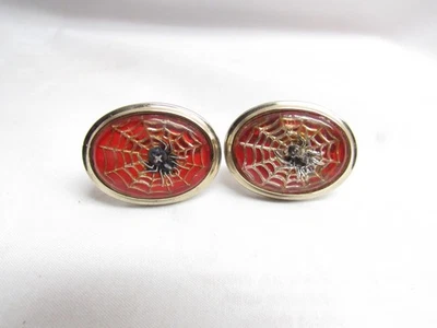 Vintage Spiderweb Spider Web Novelty CuffLinks Red Oval - Image 1 of 4