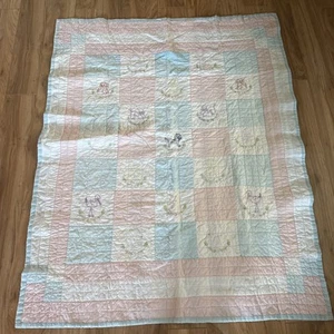 Vintage Baby Quilt Hand Sewn W Hand Embroidered Animals Blue Back 38” W 48” L - Picture 1 of 7