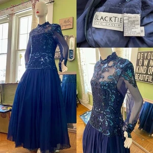 Vtg Oleg Cassini Gown Party Dress Sz 16 Silk Chiffon Full Skirt Hi Neck L/sleeve - Picture 1 of 8