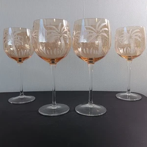 Set Of 4 Lenox British Colonial Etched Amber Glass Palm Tree 8 1/4" Wine Glasses - Picture 1 of 5