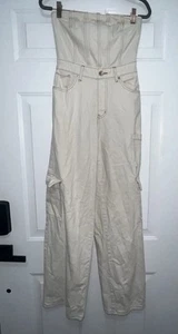Wild Fable Women's XXS Tan Tube Cargo Denim Jumpsuit Bandeau Strapless Baggy EUC - Picture 1 of 11