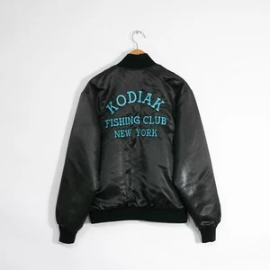 Vintage Kodiak Fishing Club New York Satin Bomber Jacket Mens XL - Black Retro - Picture 1 of 7