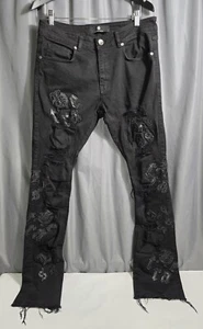 Focus Denim Men' Distressed Black Skinny Flared STACKED Stretch Jeans Sz 34 - Picture 1 of 13