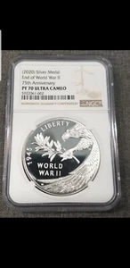 2020 W End of World War II 75th Anniversary 1 Oz Silver Proof Medal NGC PF70 ER - Picture 1 of 8