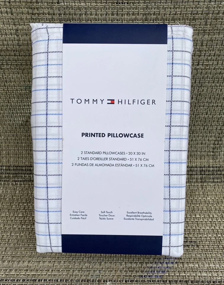 Conjunto de fronha Tommy Hilfiger branco azul xadrez estampado mistura de algodão PADRÃO 2 peças - Imagem 1 de 4