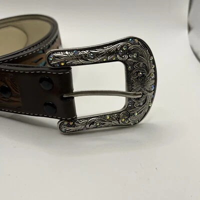 Western Women’s Belt Medium Silver Buckle Brown Turquoise Rhinestones 39” - Image 1 of 4