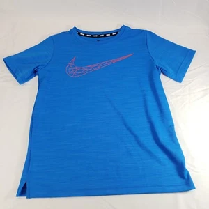 Nike Dri Fit Boys M Medium Blue Shirt Red Geometric Swoosh Logo Short Sleeve - Picture 1 of 10