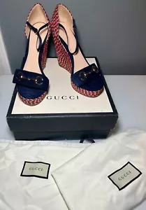 Gucci Jute Carolina Horsebit Espadrille Wedge Platform Ankle Strap Sandals Sz 42 - Picture 1 of 12