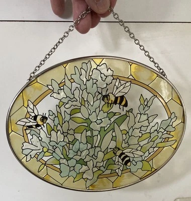 Arte en vidrio Joan Baker Designs flores y abejas atrapasol pintado a mano de colección Foto 1 de 4