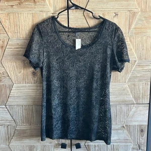 NWT Soma Women’s Lace Camisole Medium Black Short Sleeve Sheer Top Angelcore - Picture 1 of 7