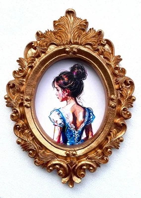 Young Girl in Victorian Dress Tiny Miniature Mini ART PRINT Gold Frame NOT ACEO - Image 1 of 4