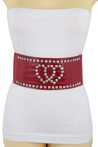 Women Red Elastic Strap Faux Leather Belt Hip High Waist Silver Heart Love S M - Picture 1 of 23