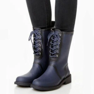 Rag & Bone Navy Blue Ansel Rubber Lace Up Mid-Calf Rain Boots - Picture 1 of 9