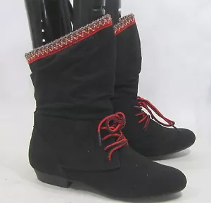 new Black HALF Pointy Toe Lace Up Red Trim Ankle Boots WOMEN Size 7 - Picture 1 of 4