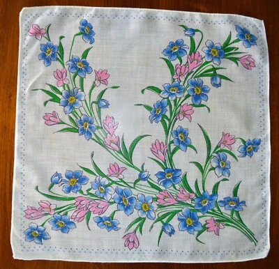 VINTAGE HANKY PRETTY FLORAL PRINT PINK BLUE ON WHITE POLKA DOT EDGING - Image 1 of 3