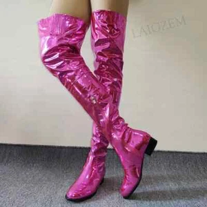 Women Boots Over Knee Round Toe Side Zip Low Heels Tall Boots Metallic Handmade - Picture 1 of 11