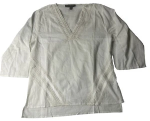 Kate & Mallory M Women’s White V Neck Blouse Tunic Lace Trim Boho Classic Cotton - Picture 1 of 11