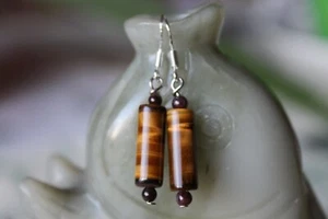 Long Column Tiger Eye With Red Garnet Earrings, sterling silver hook - Picture 1 of 3