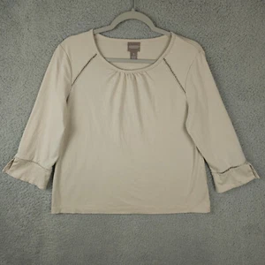 Chicos Shirt Womens 1 US Medium Beige Eyelet Inset Split Cuff Scoop Neck Top - Picture 1 of 11
