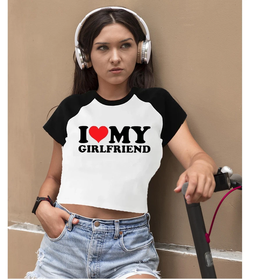 I Love My Girlfriend T-Shirt Ladies Music Couple Heart Women Tee Raglan Crop Top - Image 1 of 1