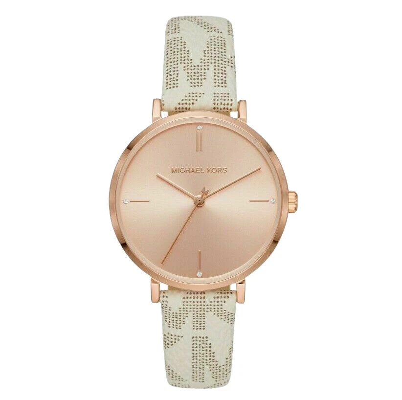 Michael Kors Jayne Three-Hand 38mm Rose Gold Alloy Case with Vanilla PVC Strap Women's Wristwatch
