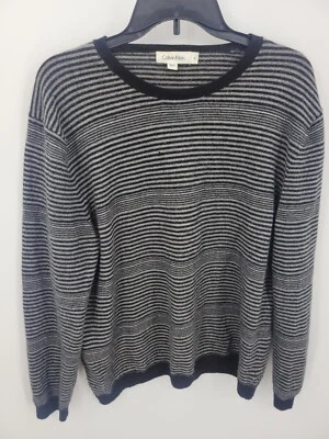Calvin Klein Sweater Mens XL Black Gray Stripe Merino Wool Crew Neck Pullover - Image 1 of 4