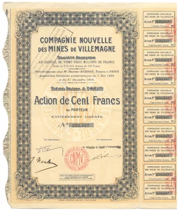 New Company of Mines of Villemagne Stock Certificate (France, Dated 1924) - Picture 1 of 1