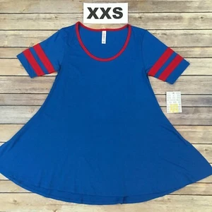 XXS PERFECT TEE LuLaRoe T ~ BLAU mit roten College-Streifen ~ Top Größe 0-6 Seitenschlitze - Bild 1 von 4