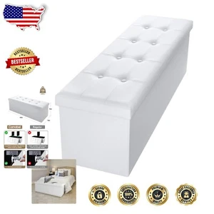 Vintage Folding Storage Ottoman: Faux Leather Bench, Holds 700lbs, Space-Saving - Picture 1 of 8