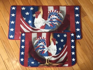 2-Pc Americana Patriotic Rooster Cushion Rug Set USA Flag Rooster Rug & Runner - Picture 1 of 8