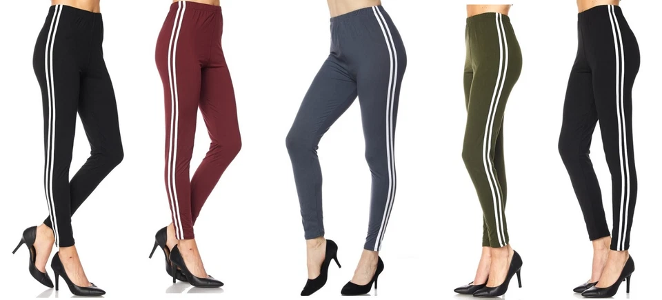 Leggings a rayas laterales de piel de melocotón talla grande cintura alta O/S 1X-2X L11 negros Foto 1 de 1