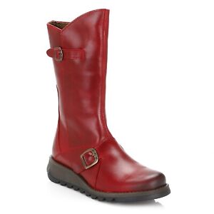 Fly London MES 2 Rug Leather Wedge Calf Length Womens Boots  RED **New Season**
