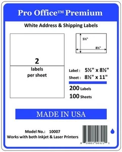 200 Hojas/400 Etiquetas Ala Oficina Autoadhesiva Envío Etiqueta 8.5" x 5.5" EE. UU. - Imagen 1 de 7