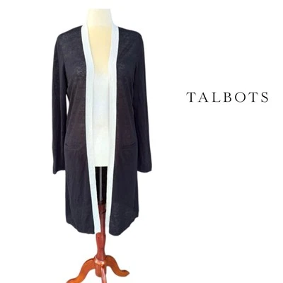Talbots Black Linen Long Cardigan Sweater White Trim Size Large Career Casual — 第 1/4 张图片